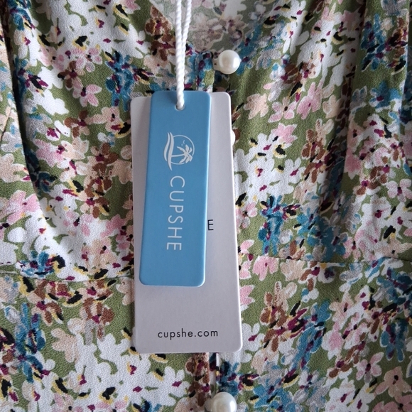 Ditsy Floral Faux Pearl Button Front Tiered Midi Dress Adjustable Straps L - Picture 7 of 8